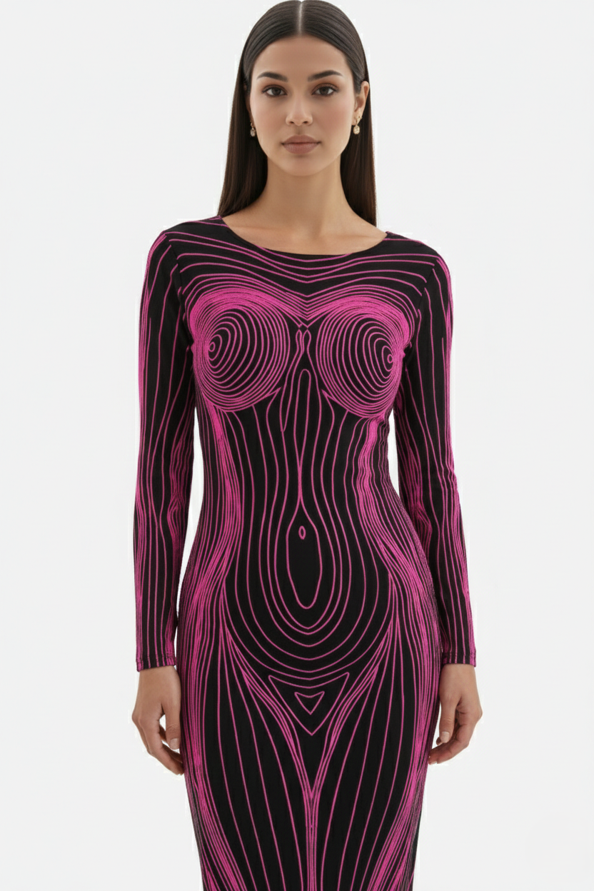 Womens Bodycon Evening Dress with Optical Illusion Long Sleeve Maxi