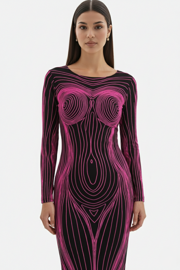 Womens Bodycon Evening Dress with Optical Illusion Long Sleeve Maxi