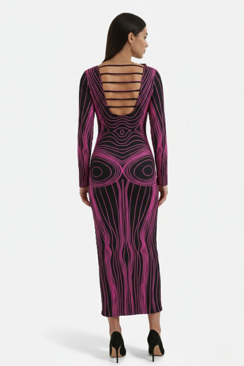 Womens Bodycon Evening Dress with Optical Illusion Long Sleeve Maxi