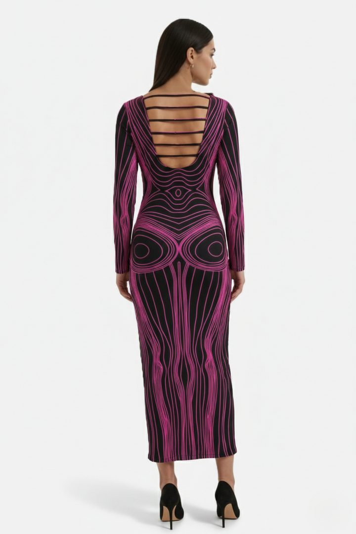Womens Bodycon Evening Dress with Optical Illusion Long Sleeve Maxi