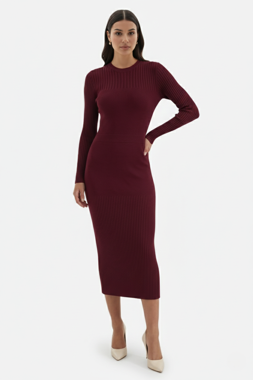 Womens Bodycon Midi Dress Ribbed Knit Long Sleeve Crew Neck - Clovrio