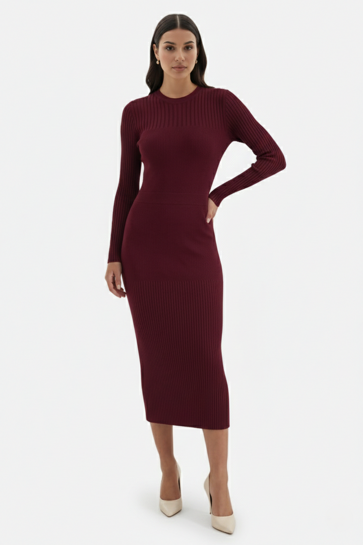 Womens Bodycon Midi Dress Ribbed Knit Long Sleeve Crew Neck - Clovrio
