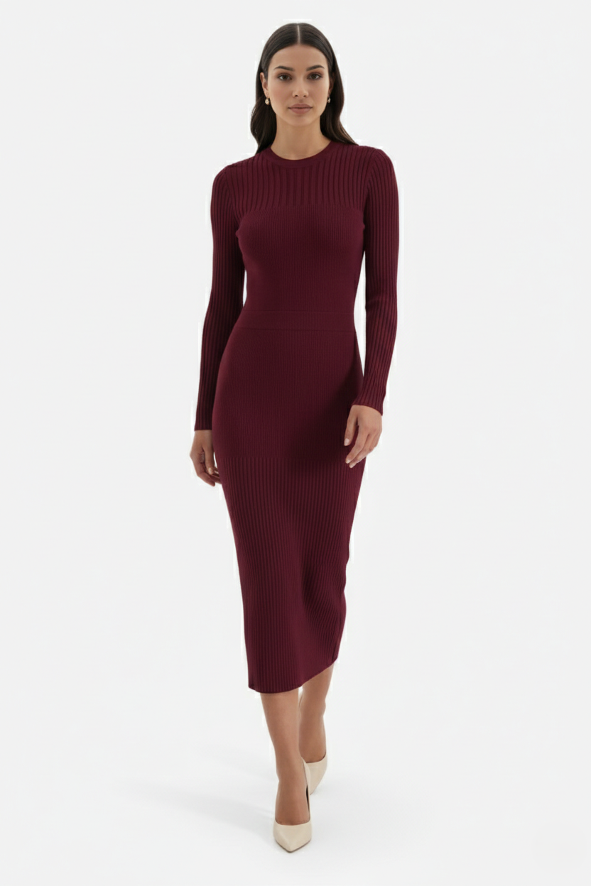 Womens Bodycon Midi Dress Ribbed Knit Long Sleeve Crew Neck