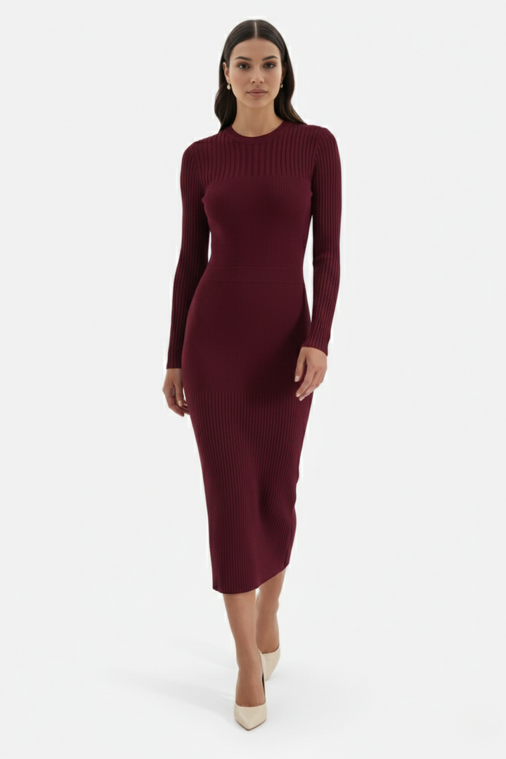 Womens Bodycon Midi Dress Ribbed Knit Long Sleeve Crew Neck