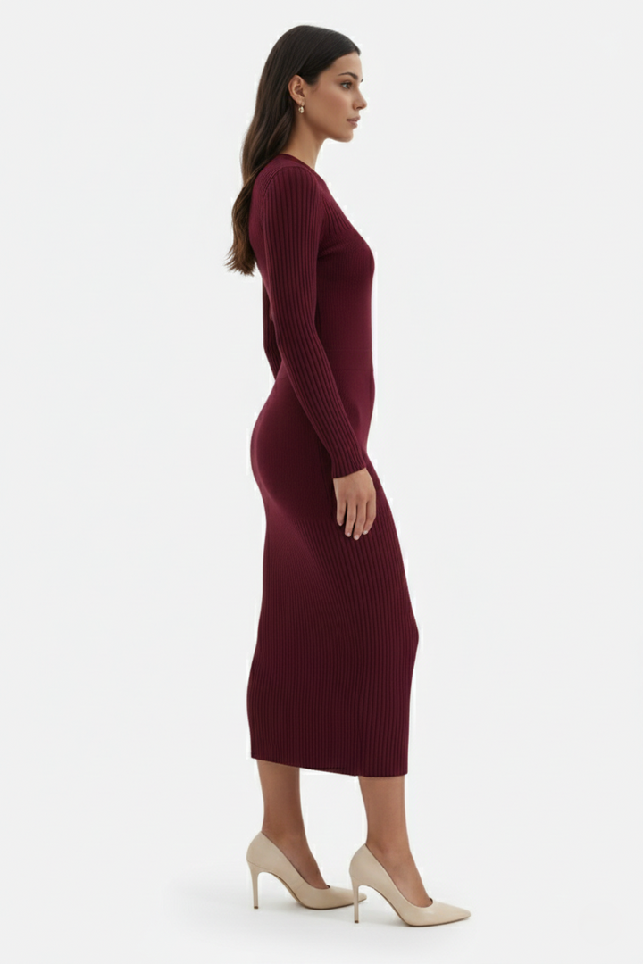 Womens Bodycon Midi Dress Ribbed Knit Long Sleeve Crew Neck