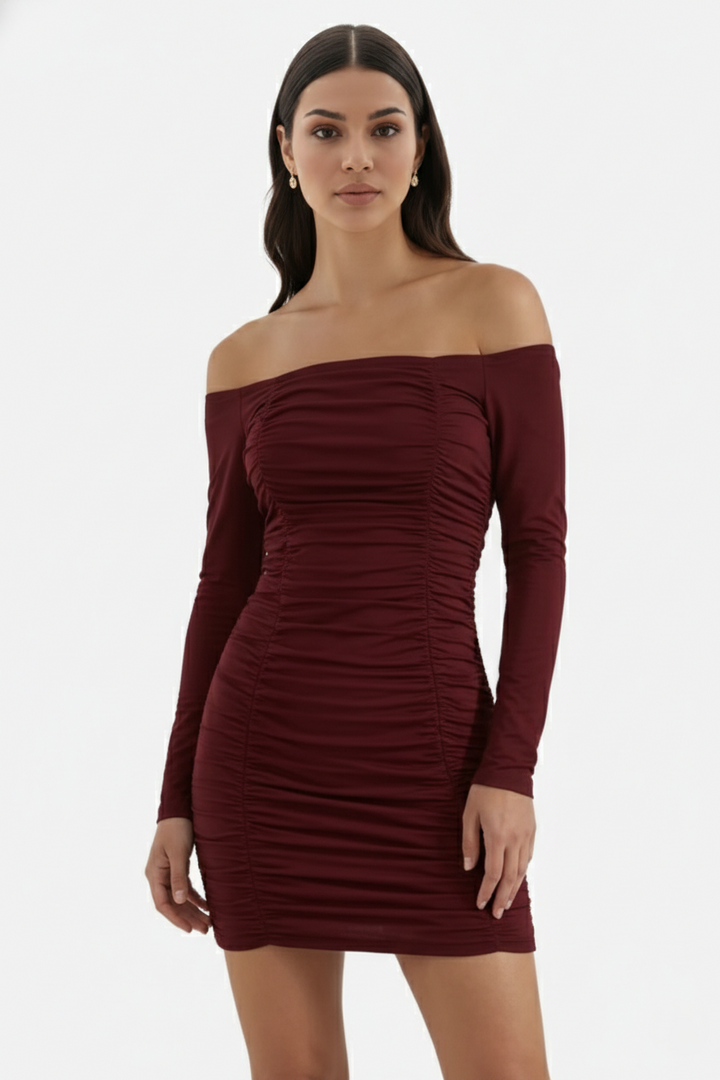 Womens Bodycon Mini Dress Ruched Off-Shoulder Long Sleeve
