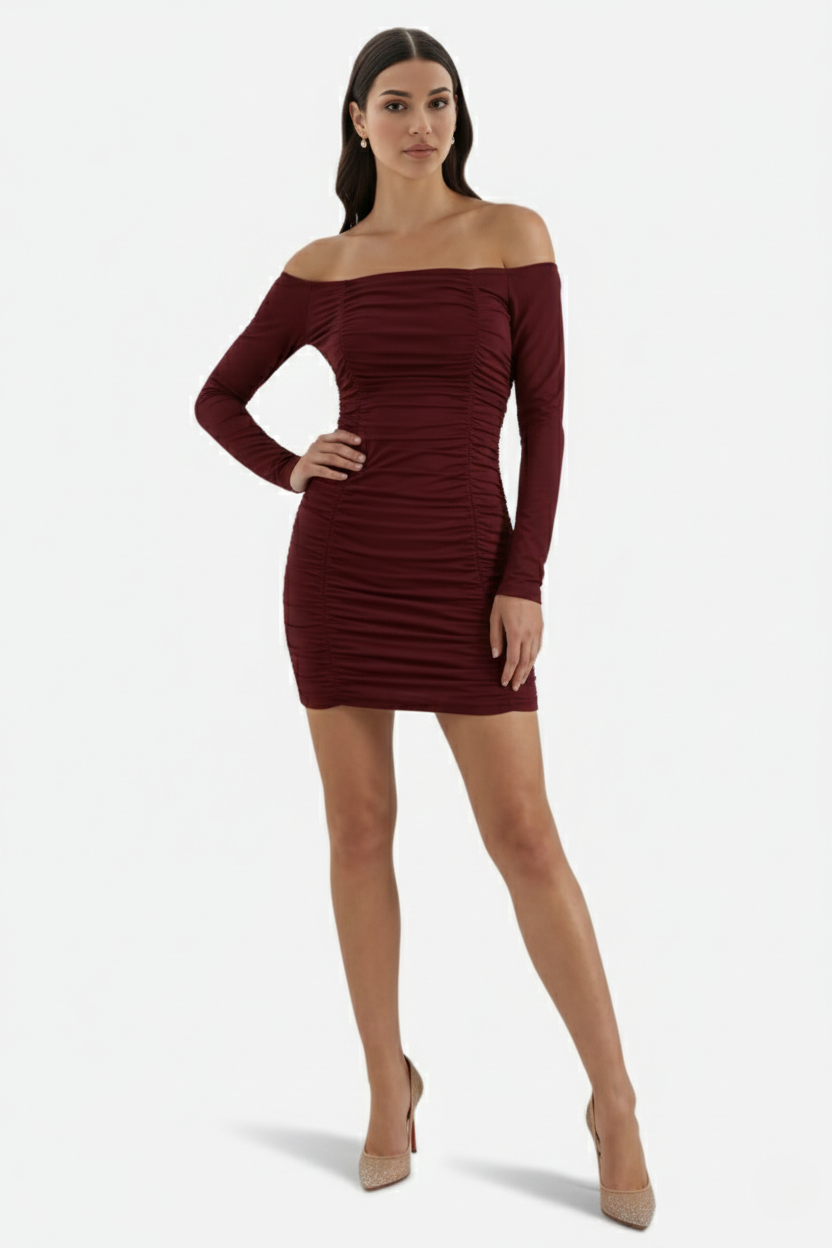 Womens Bodycon Mini Dress Ruched Off-Shoulder Long Sleeve