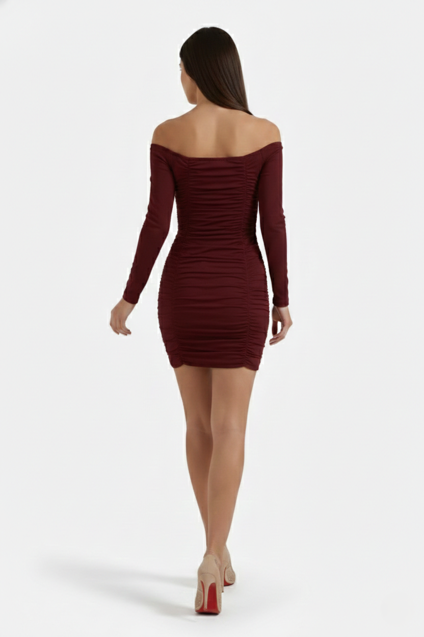 Womens Bodycon Mini Dress Ruched Off-Shoulder Long Sleeve