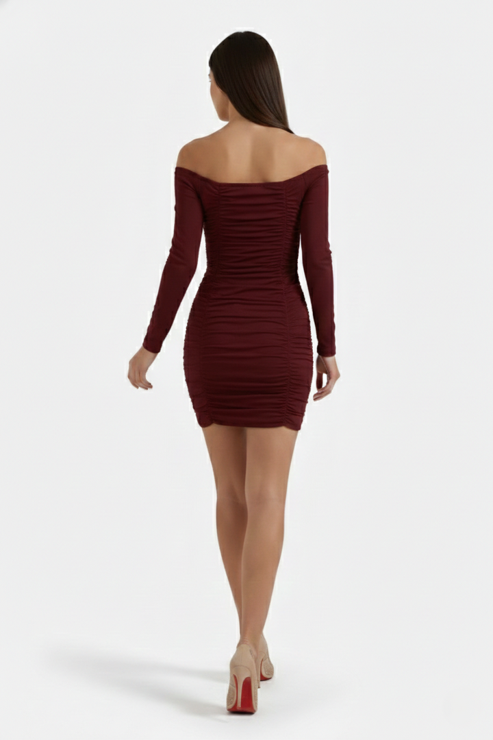 Womens Bodycon Mini Dress Ruched Off-Shoulder Long Sleeve