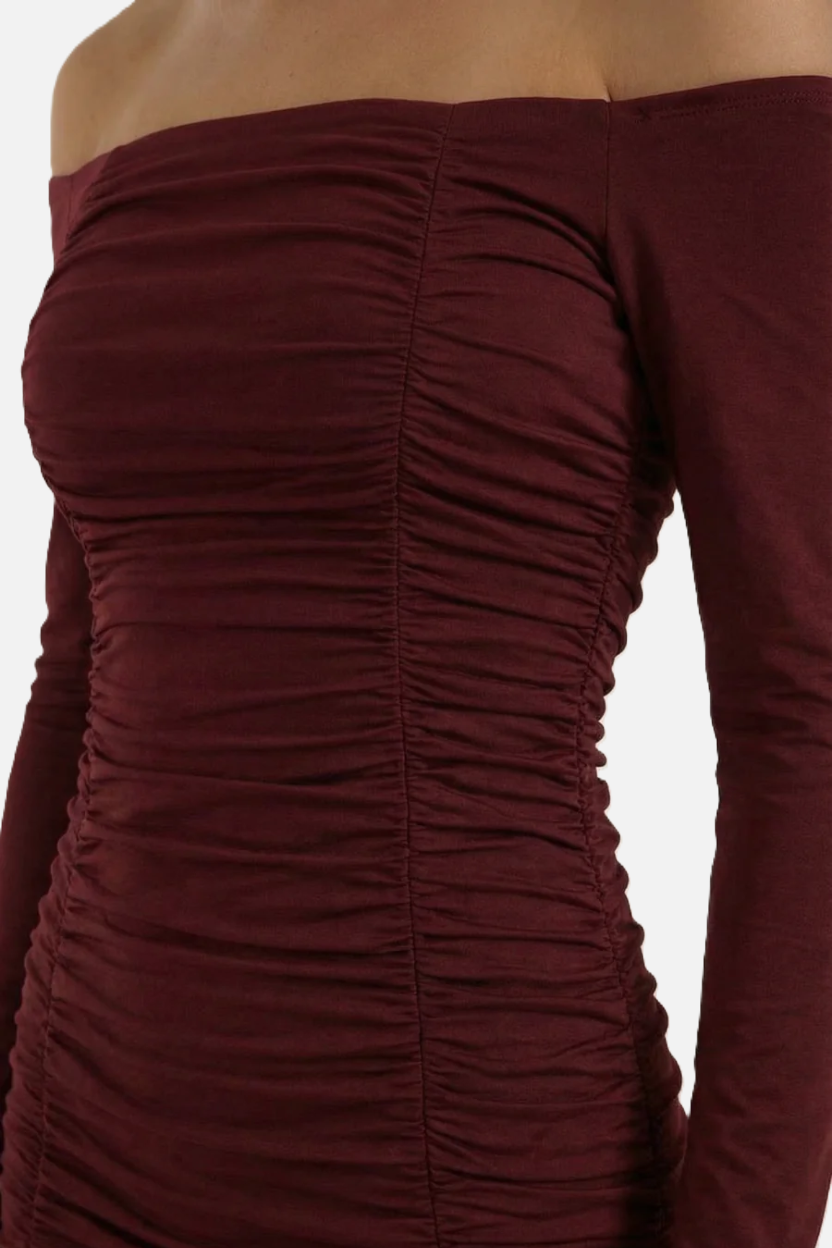 Womens Bodycon Mini Dress Ruched Off-Shoulder Long Sleeve