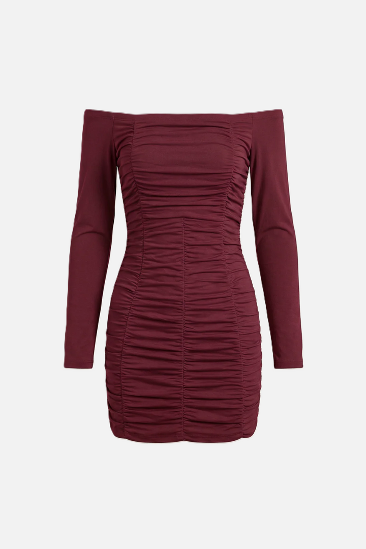 Womens Bodycon Mini Dress Ruched Off-Shoulder Long Sleeve