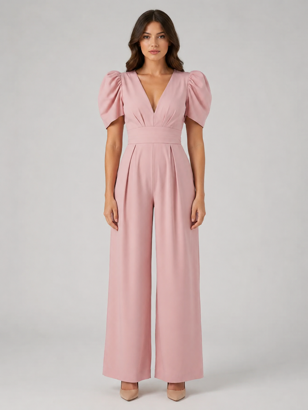 Women's Tailored Wide Leg Puff Sleeve Jumpsuit