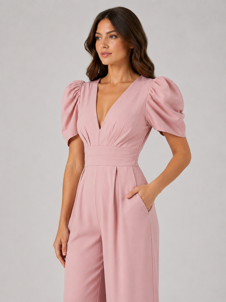 Women's Tailored Wide Leg Puff Sleeve Jumpsuit