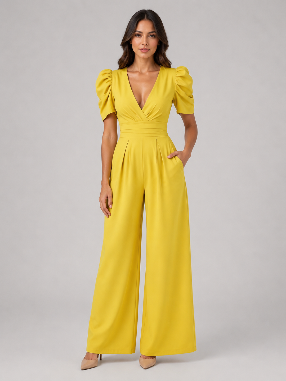 Women's Tailored Wide Leg Puff Sleeve Jumpsuit