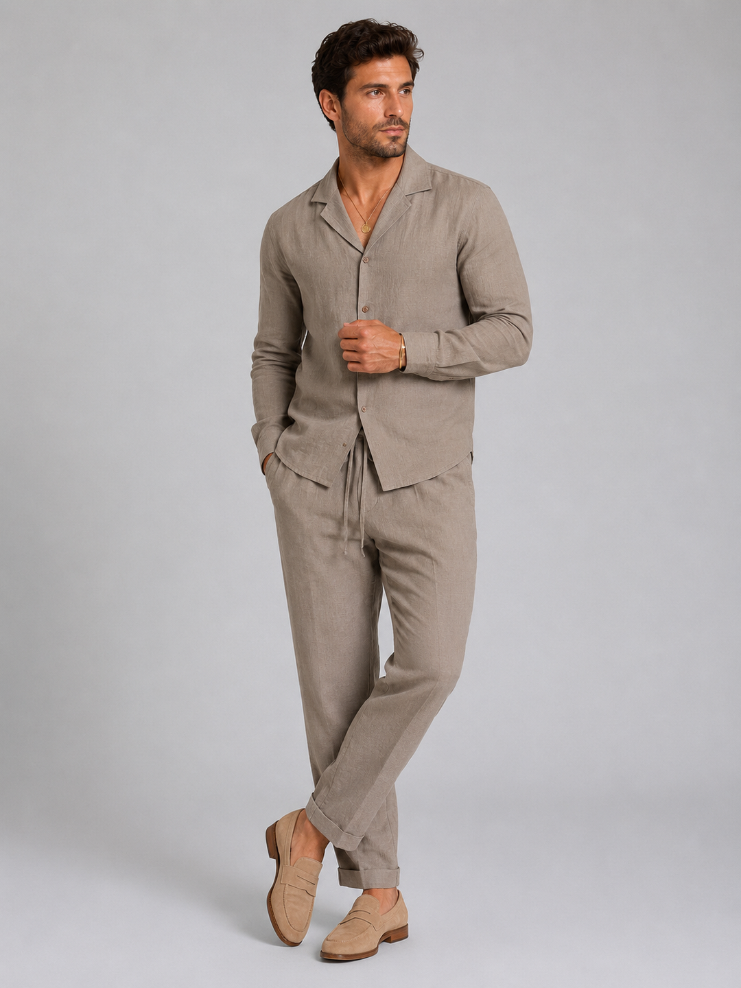 Men's Casual Linen Relaxed Fit Shirt and Trousers Set