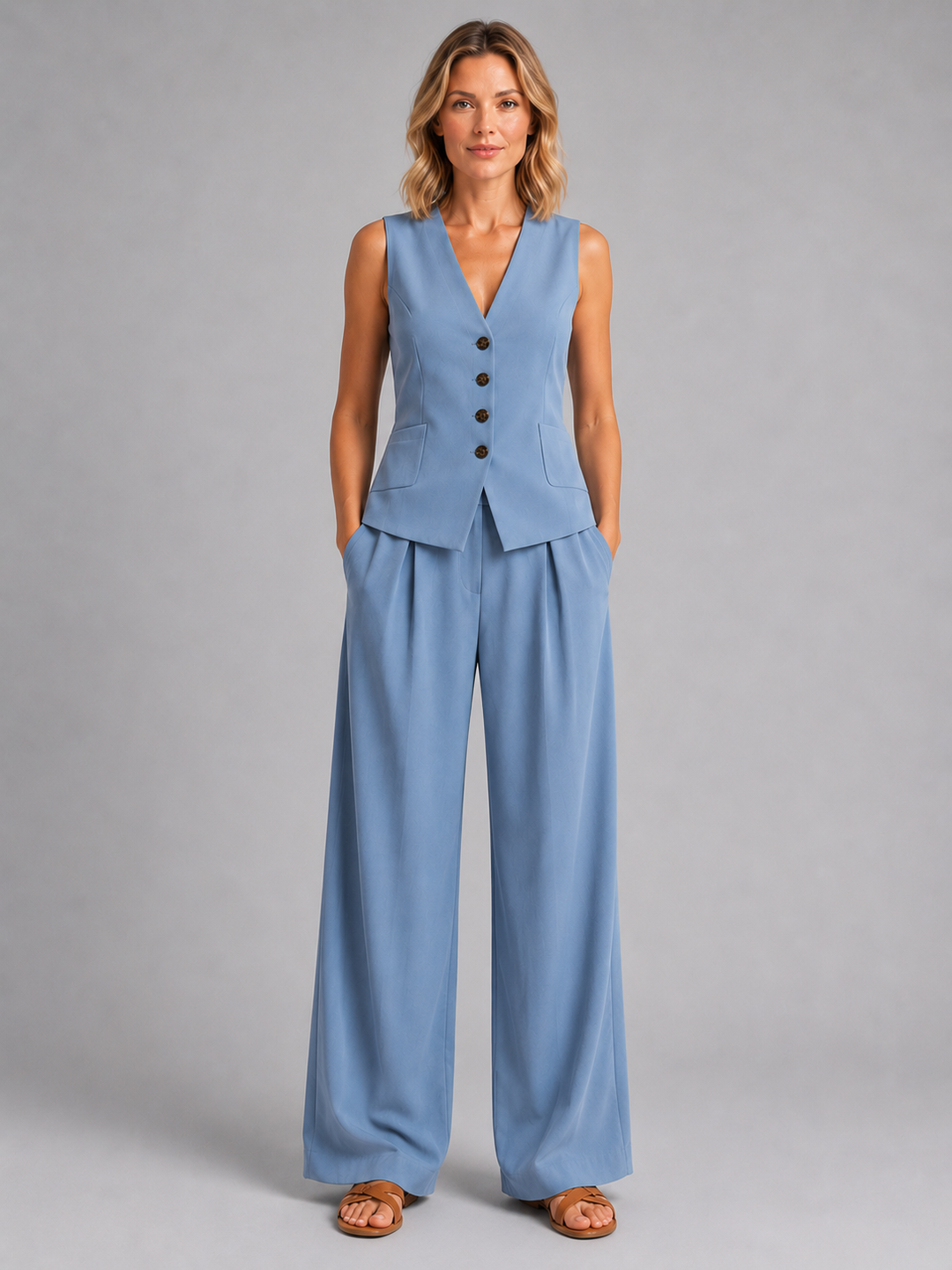 Women's Relaxed Tailored Sleeveless Waistcoat and Wide-Leg Trousers