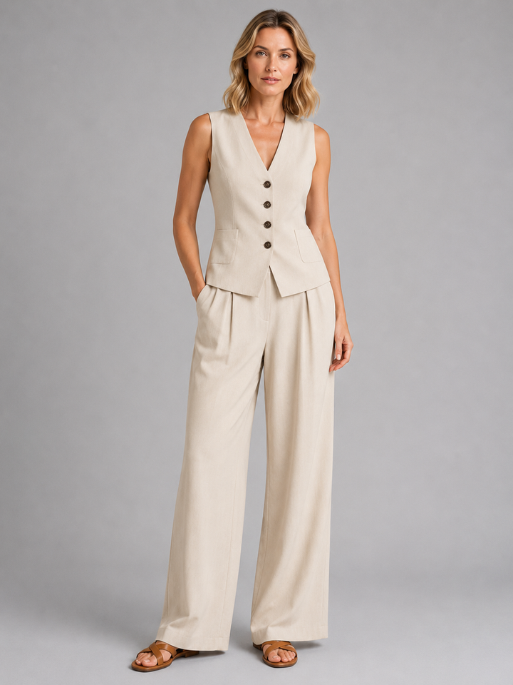 Women's Relaxed Tailored Sleeveless Waistcoat and Wide-Leg Trousers
