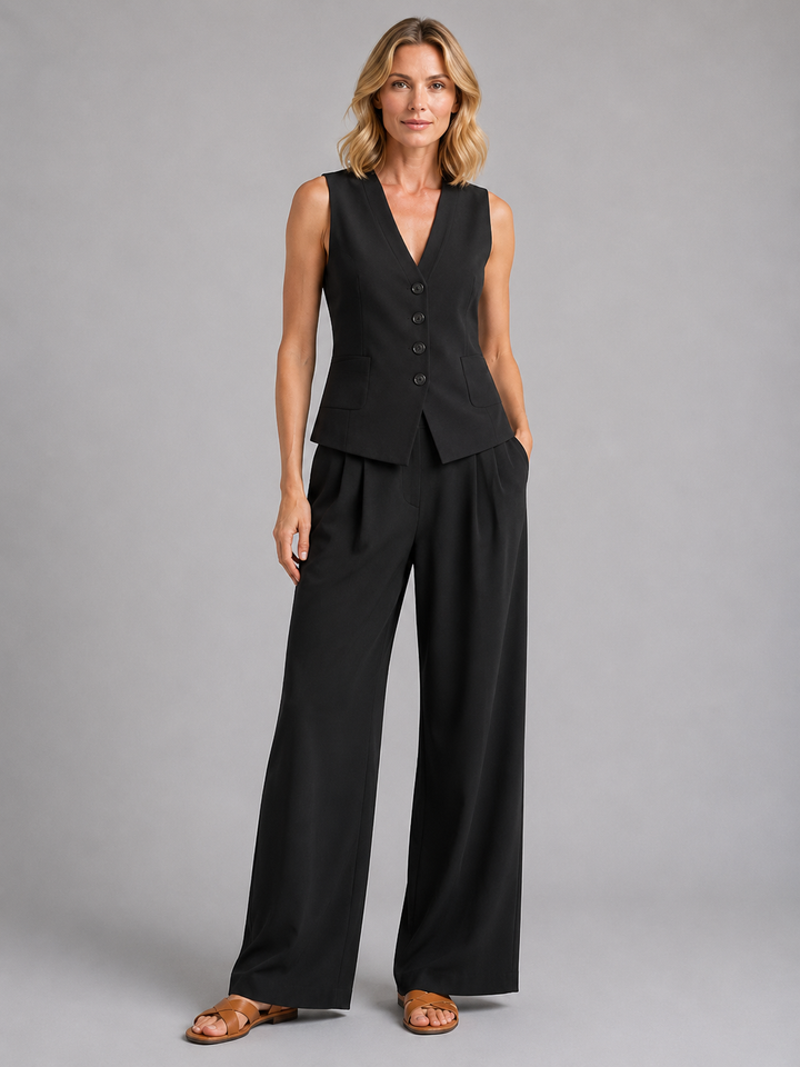 Women's Relaxed Tailored Sleeveless Waistcoat and Wide-Leg Trousers