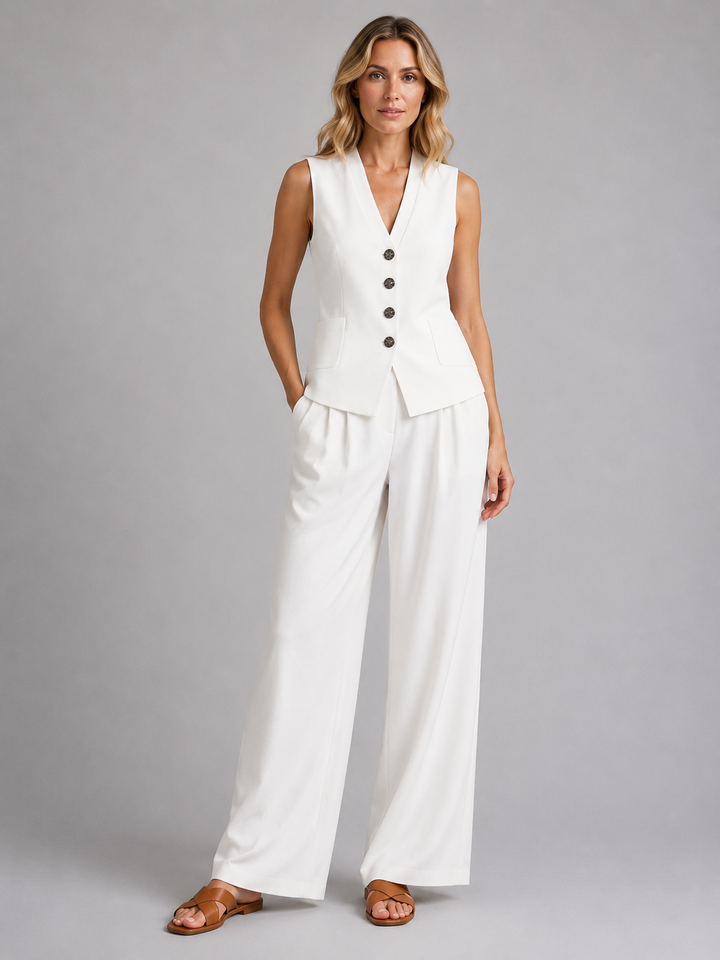 Women's Relaxed Tailored Sleeveless Waistcoat and Wide-Leg Trousers