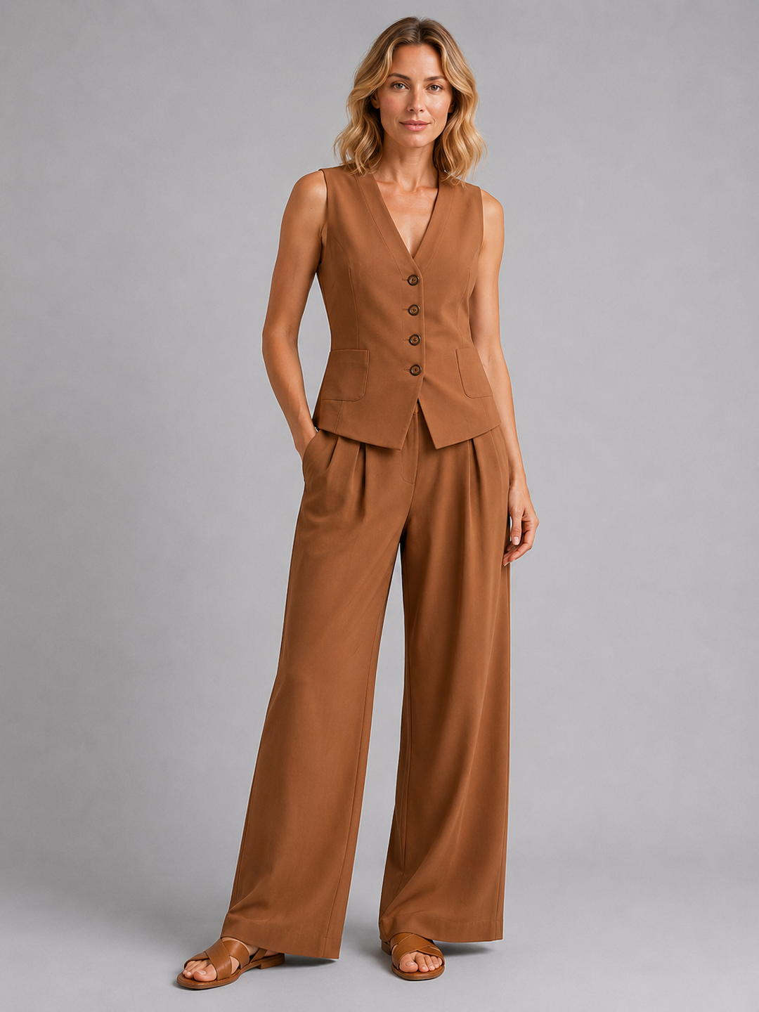 Women's Relaxed Tailored Sleeveless Waistcoat and Wide-Leg Trousers