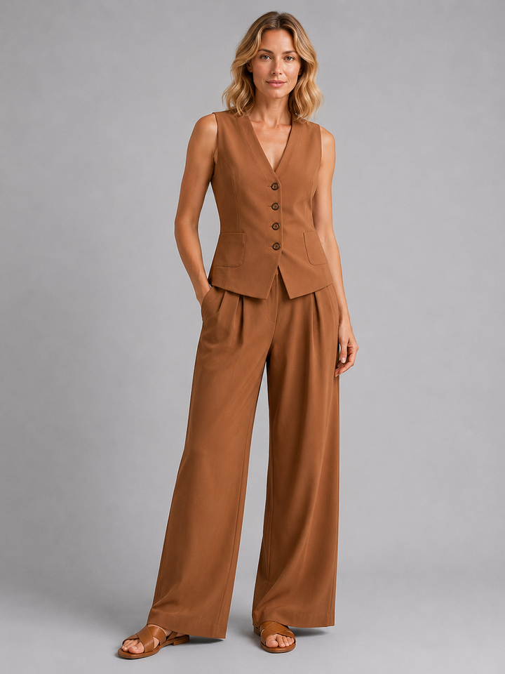 Women's Relaxed Tailored Sleeveless Waistcoat and Wide-Leg Trousers