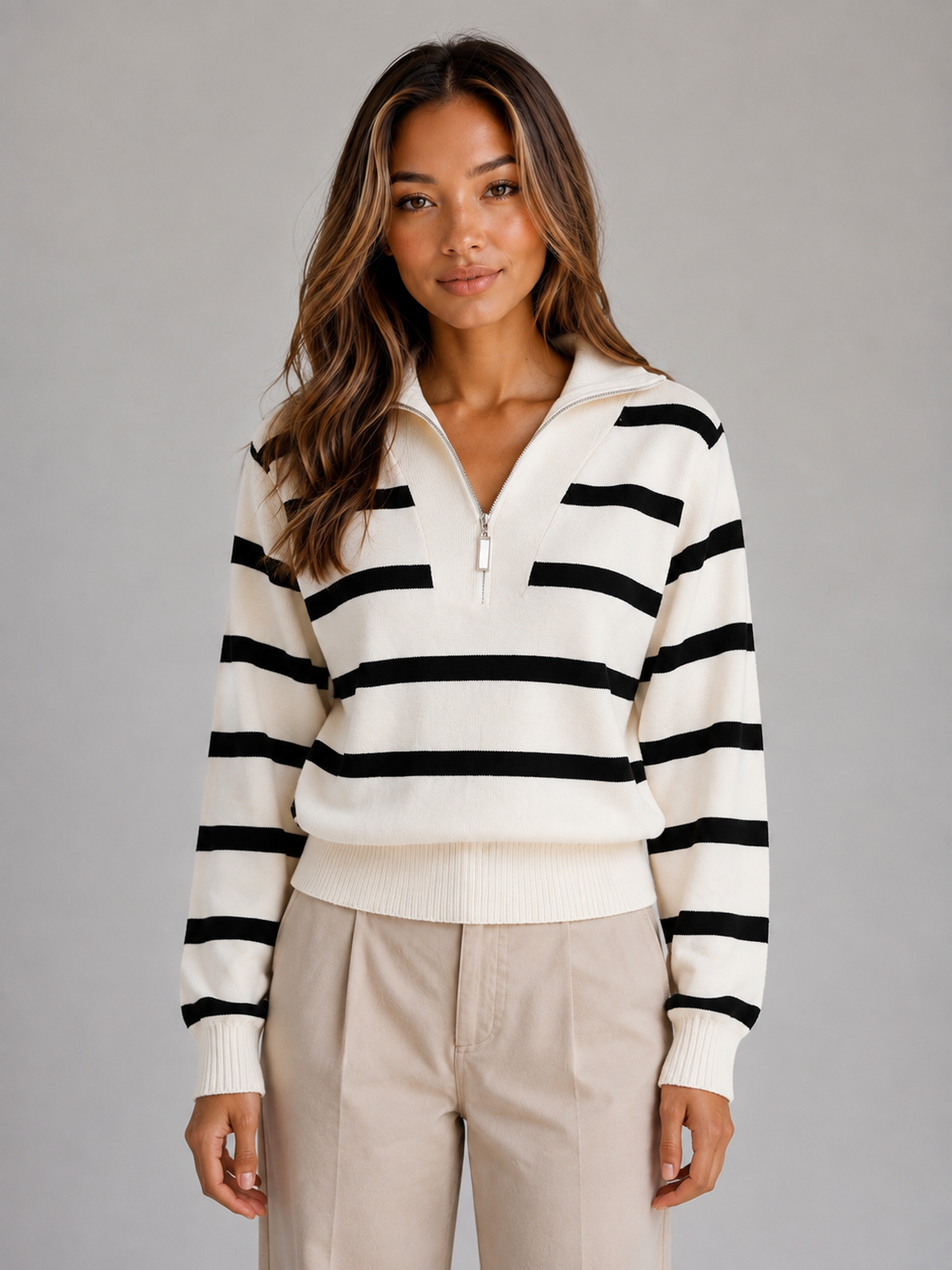Women's Casual Striped Knit Half-Zip Jumper with Relaxed Collar