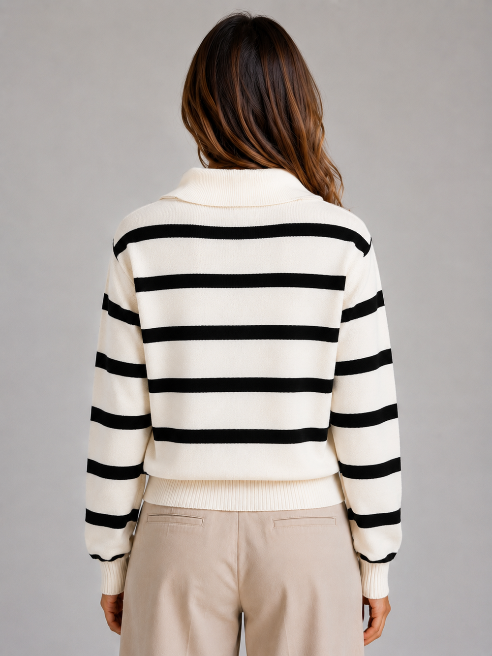 Women's Casual Striped Knit Half-Zip Jumper with Relaxed Collar