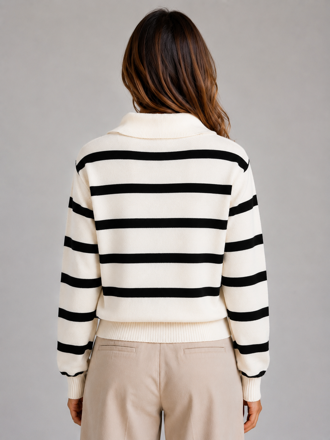 Women's Casual Striped Knit Half-Zip Jumper with Relaxed Collar