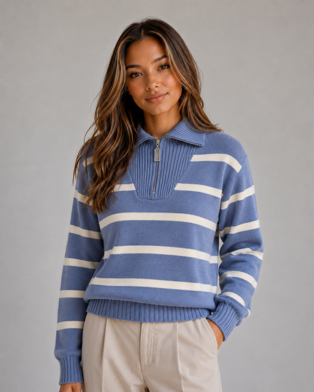Women's Casual Striped Knit Half-Zip Jumper with Relaxed Collar