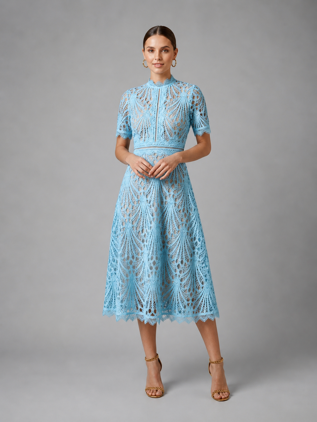 Women's Elegant Lace High Neck A-Line Midi Dress