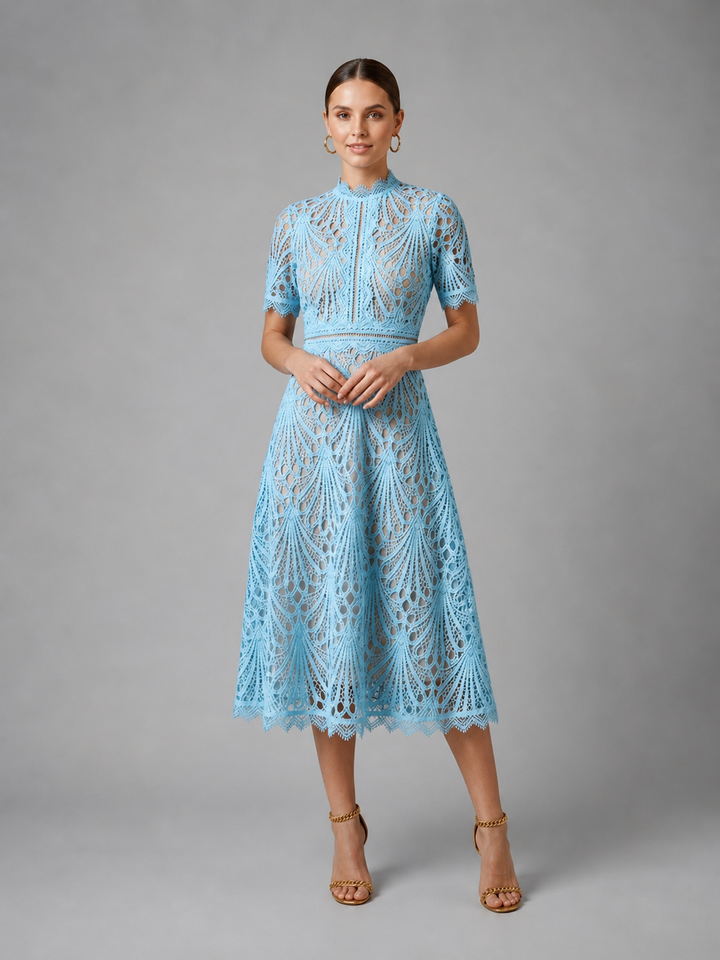 Women's Elegant Lace High Neck A-Line Midi Dress