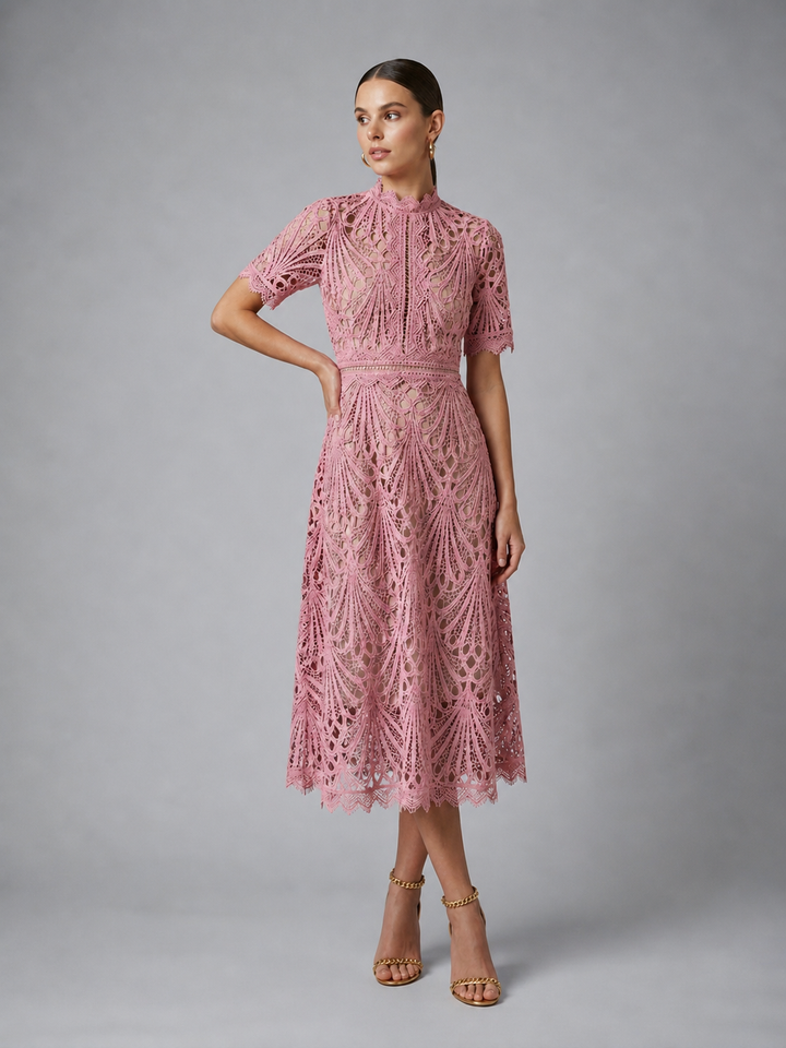Women's Elegant Lace High Neck A-Line Midi Dress