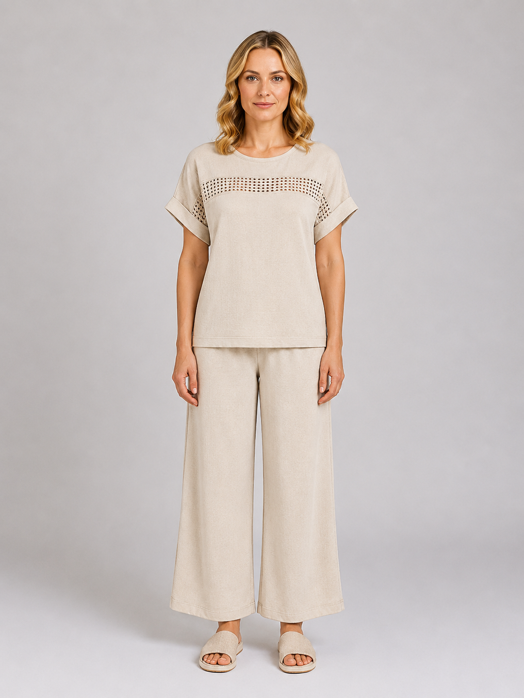 Women's Casual Crochet Detail Wide Leg Trouser Set
