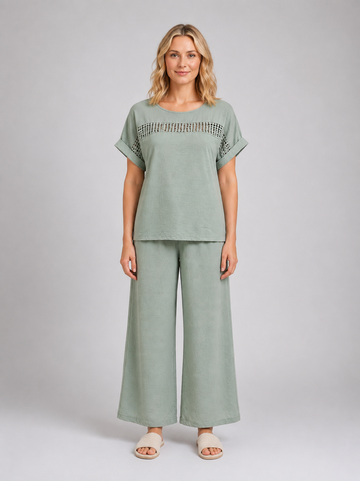 Women's Casual Crochet Detail Wide Leg Trouser Set