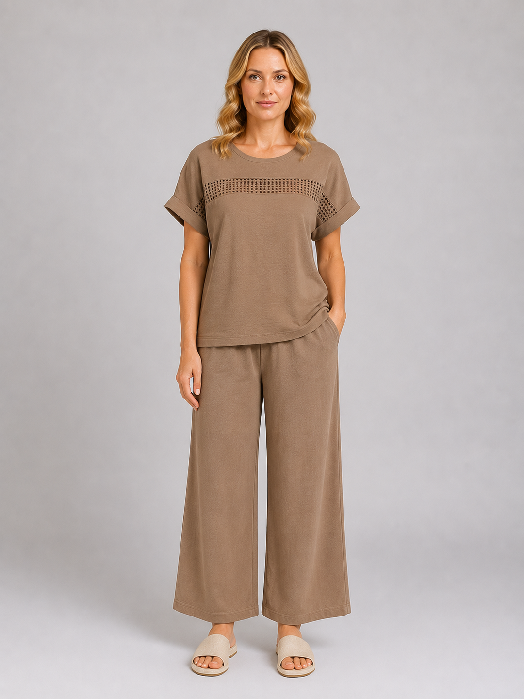 Women's Casual Crochet Detail Wide Leg Trouser Set