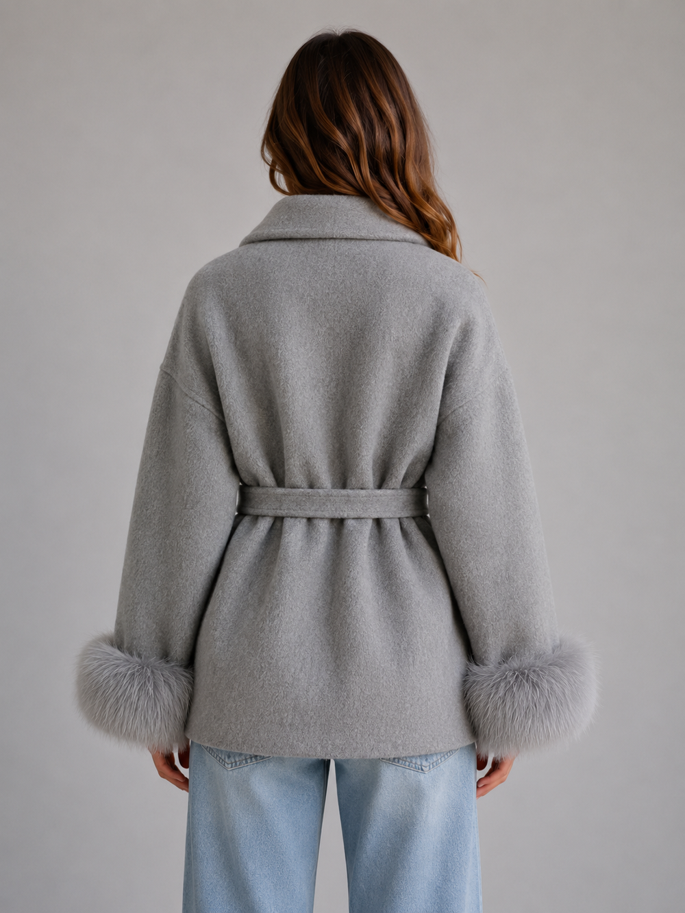 Women's Classic Wool Blend Wrap Coat with Faux Fur Trim and Belt