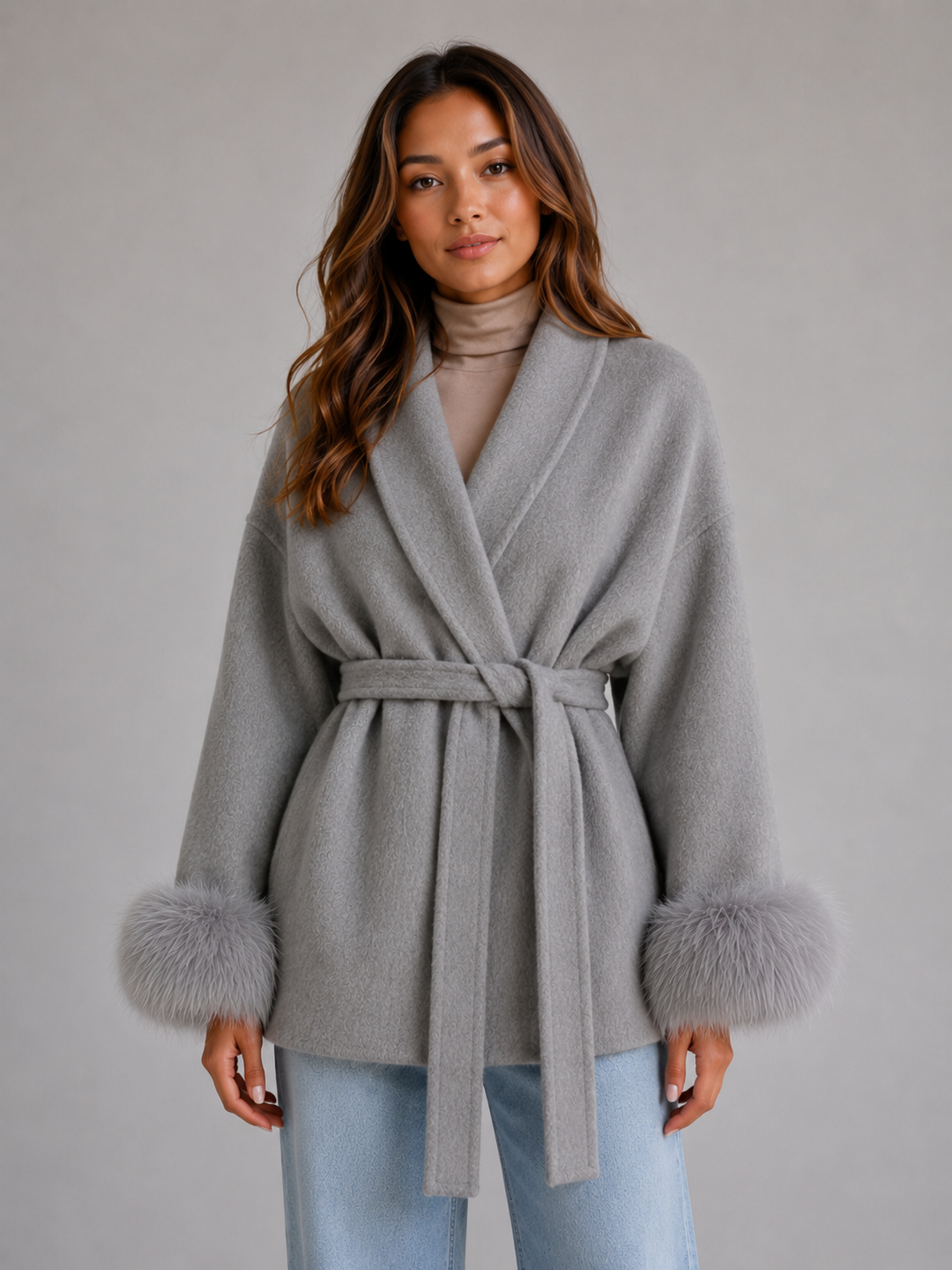 Women's Classic Wool Blend Wrap Coat with Faux Fur Trim and Belt