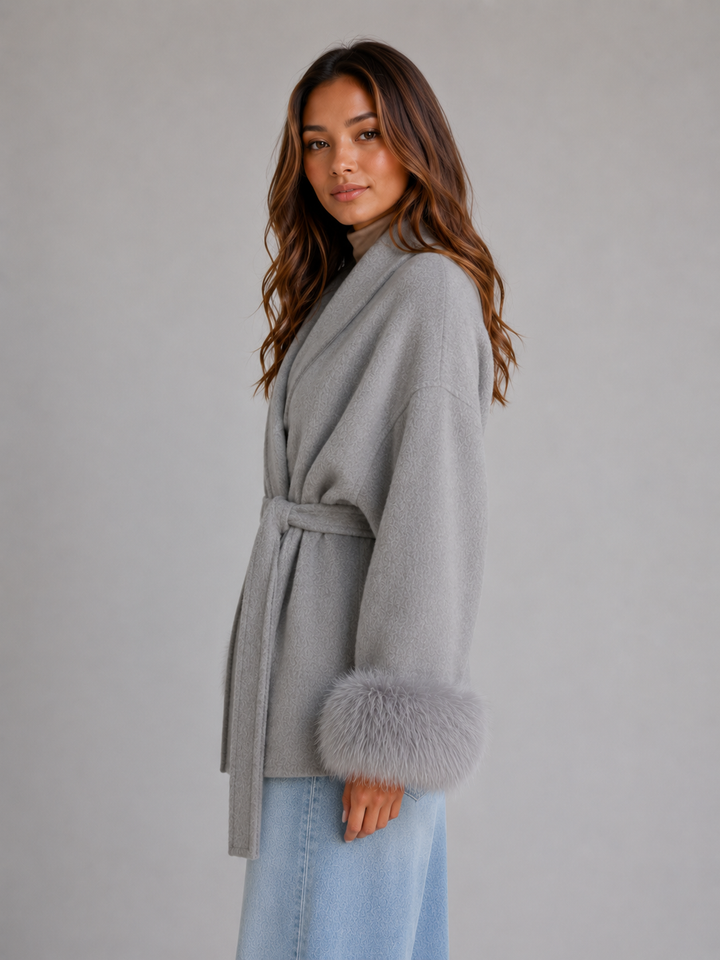 Women's Classic Wool Blend Wrap Coat with Faux Fur Trim and Belt