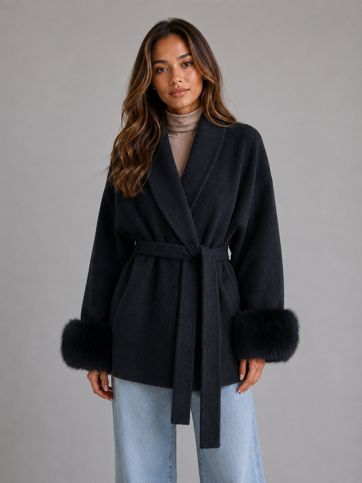 Women's Classic Wool Blend Wrap Coat with Faux Fur Trim and Belt