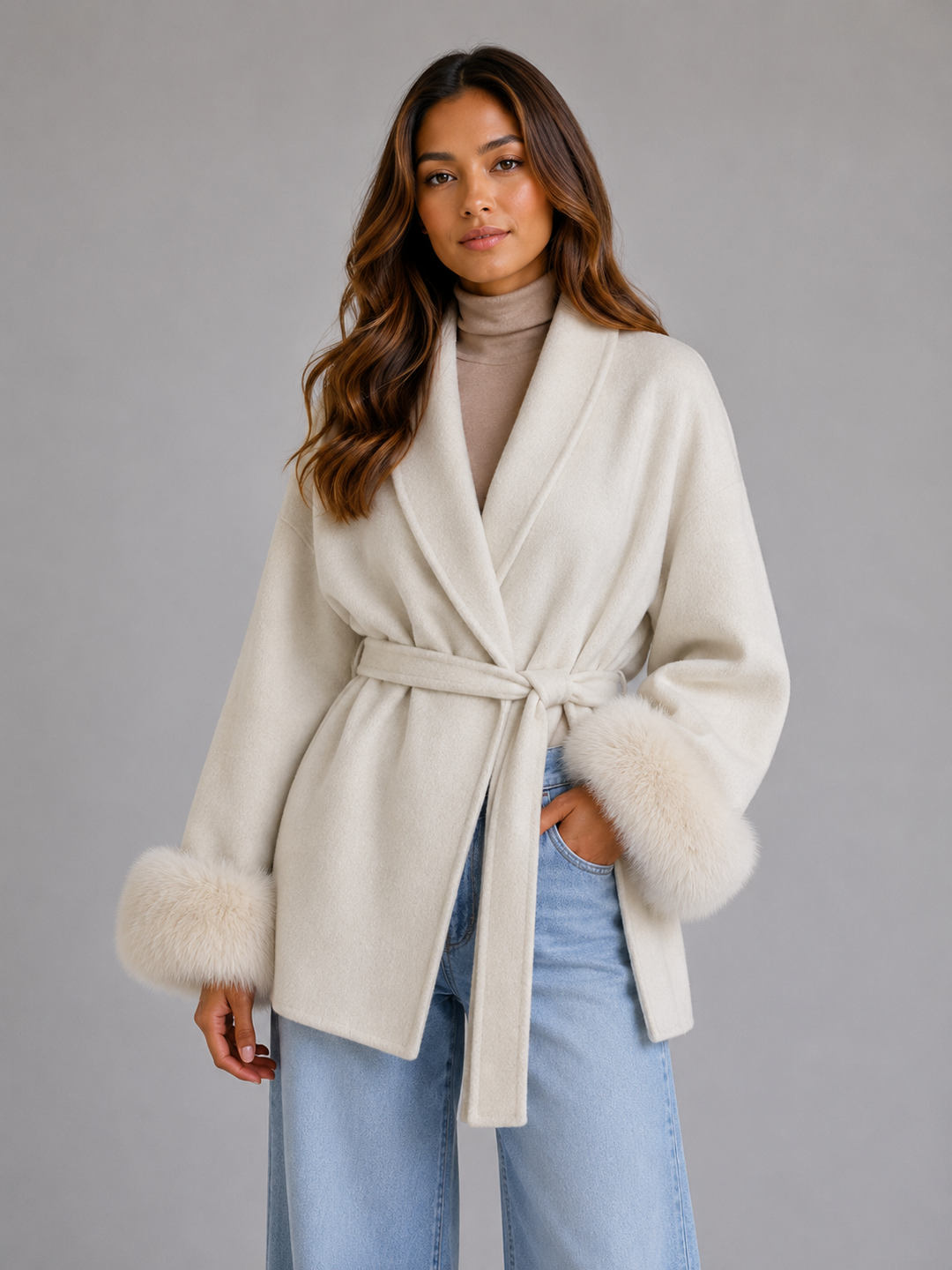 Women's Classic Wool Blend Wrap Coat with Faux Fur Trim and Belt