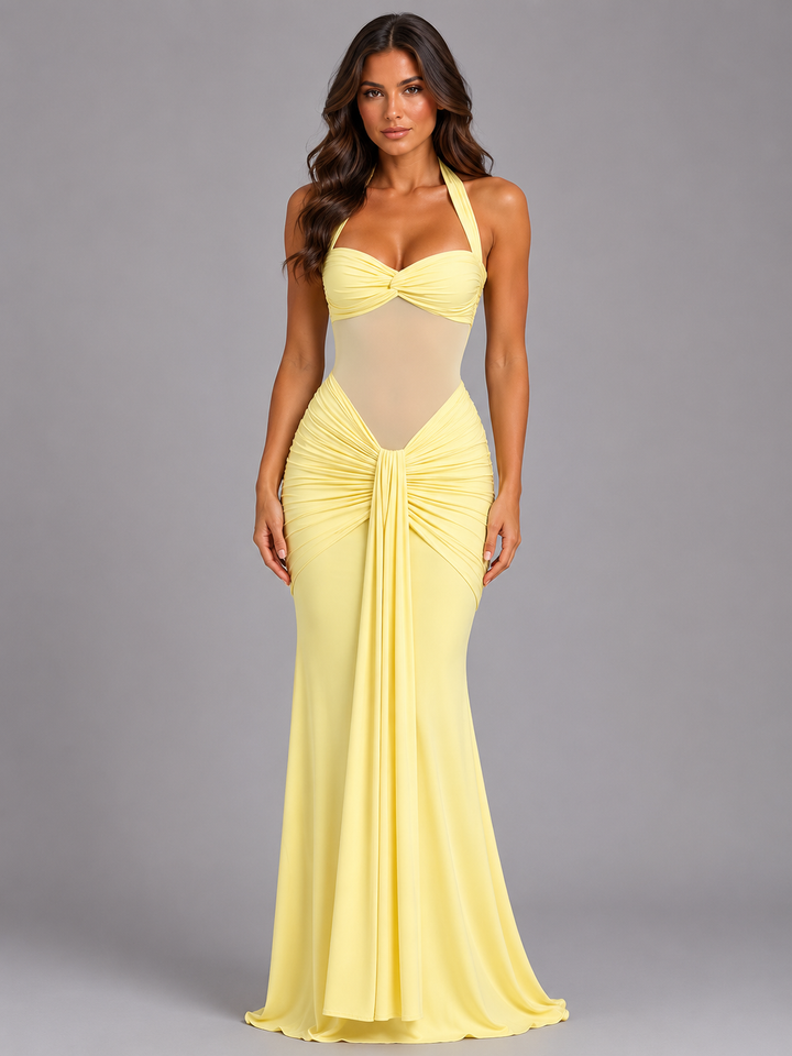 Women's Elegant Mesh Ruched Halter Maxi Dress