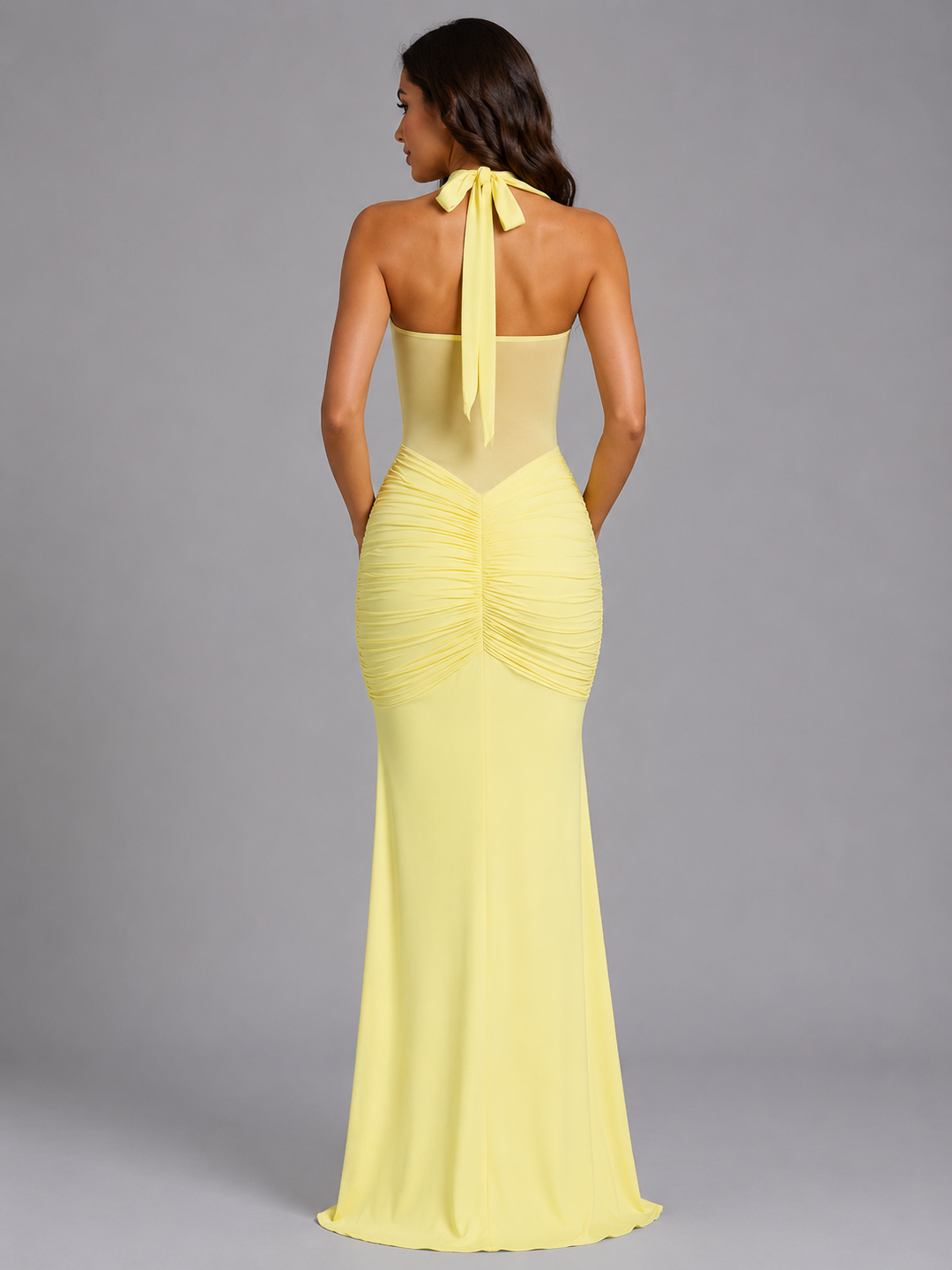 Women's Elegant Mesh Ruched Halter Maxi Dress