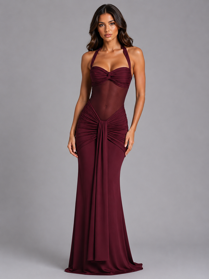 Women's Elegant Mesh Ruched Halter Maxi Dress