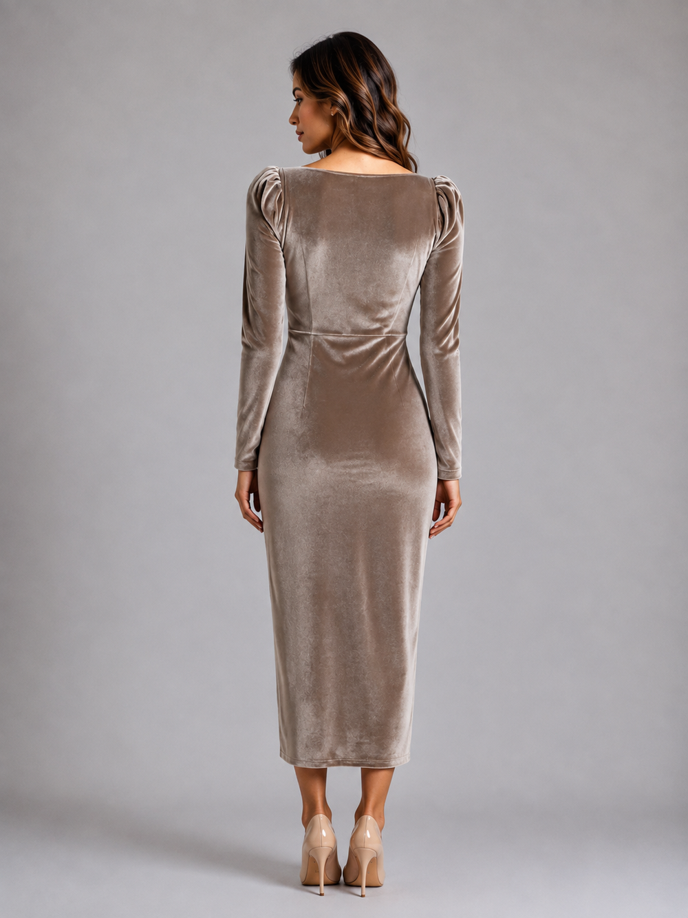Women's Elegant Velvet Ruched Midi Dress with Two-Tone Waist Detail