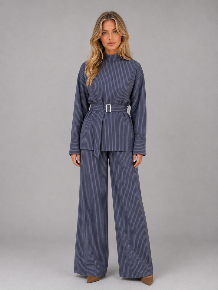 Women's Classic Pinstripe High Neck Top and Wide Leg Trousers Set