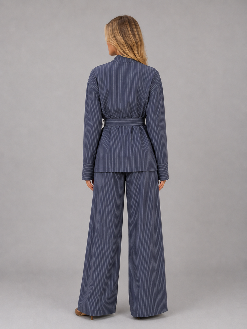 Women's Classic Pinstripe High Neck Top and Wide Leg Trousers Set