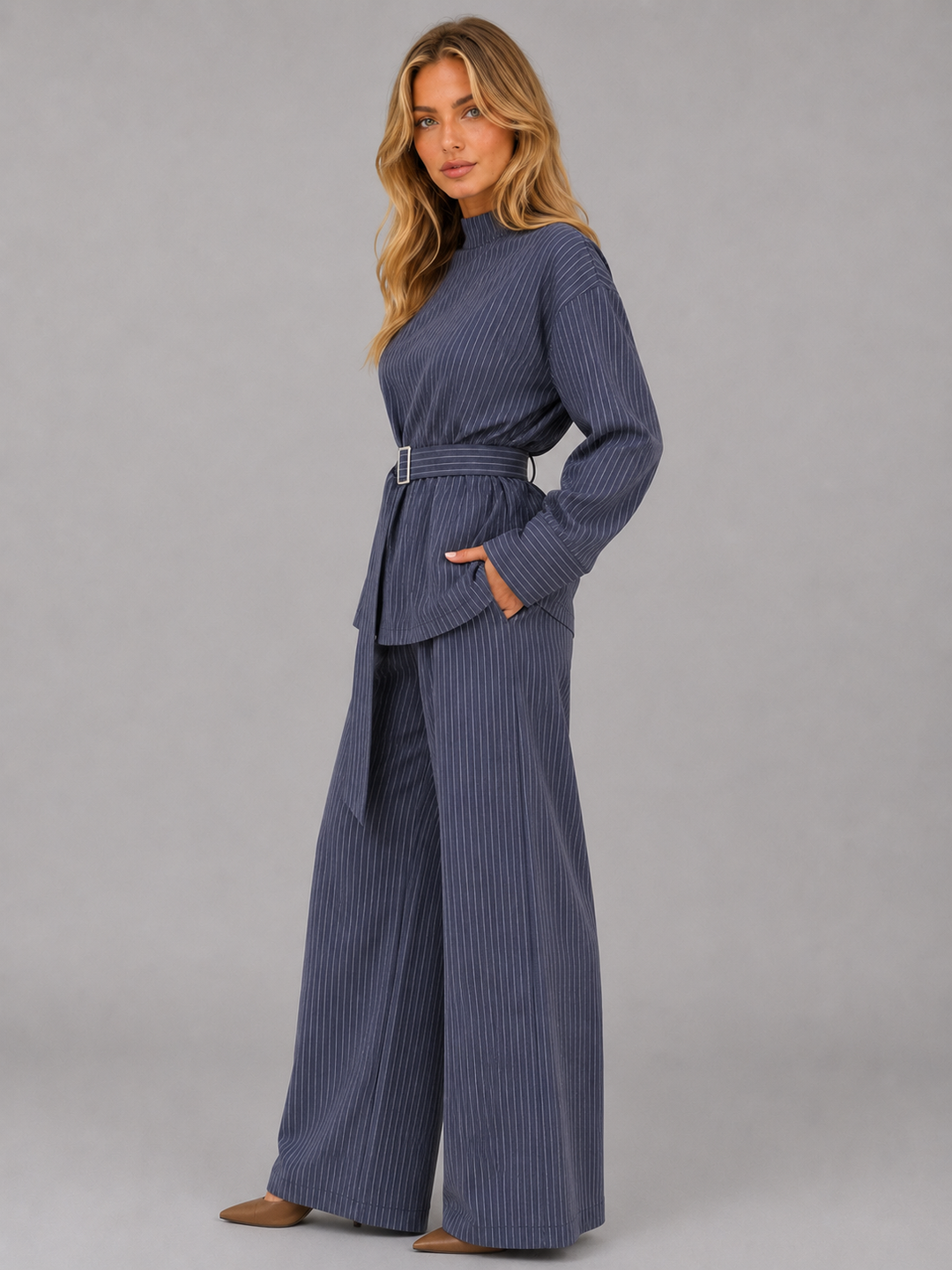 Women's Classic Pinstripe High Neck Top and Wide Leg Trousers Set