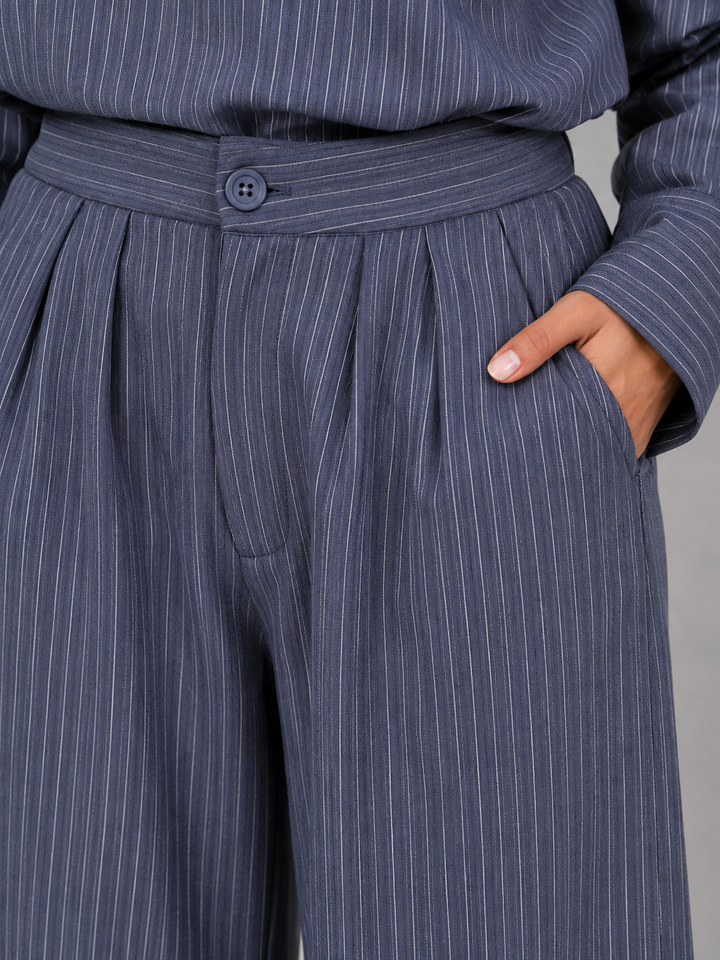Women's Classic Pinstripe High Neck Top and Wide Leg Trousers Set