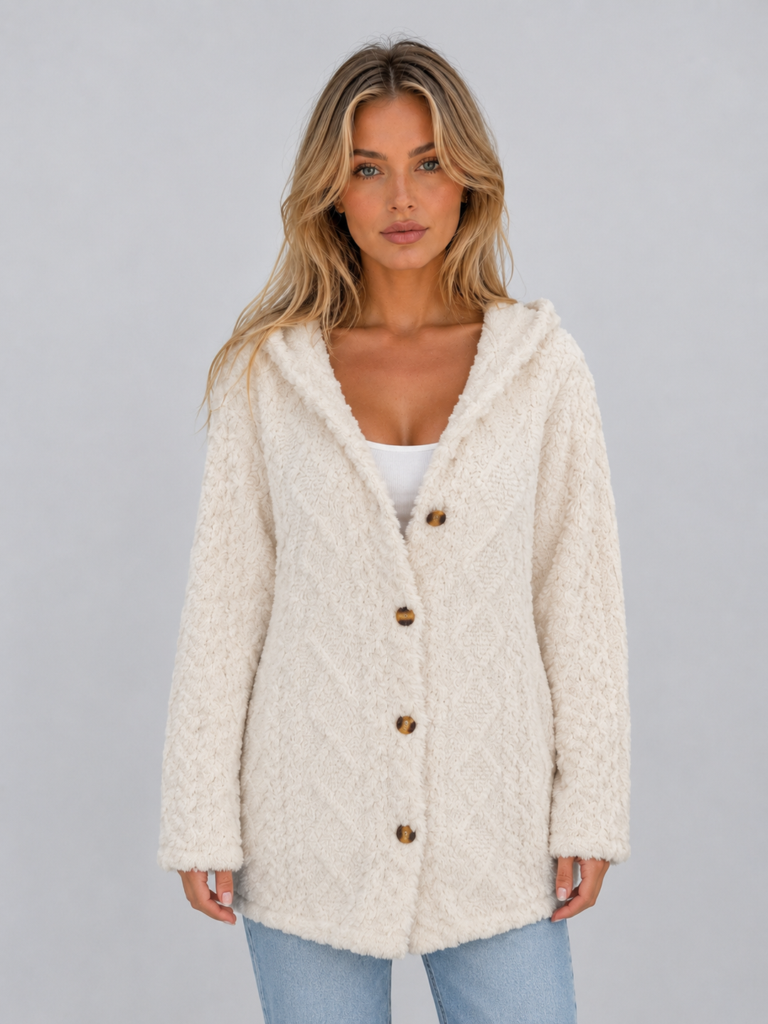 Women's Casual Plush Teddy Fleece Hooded Cardigan Jacket
