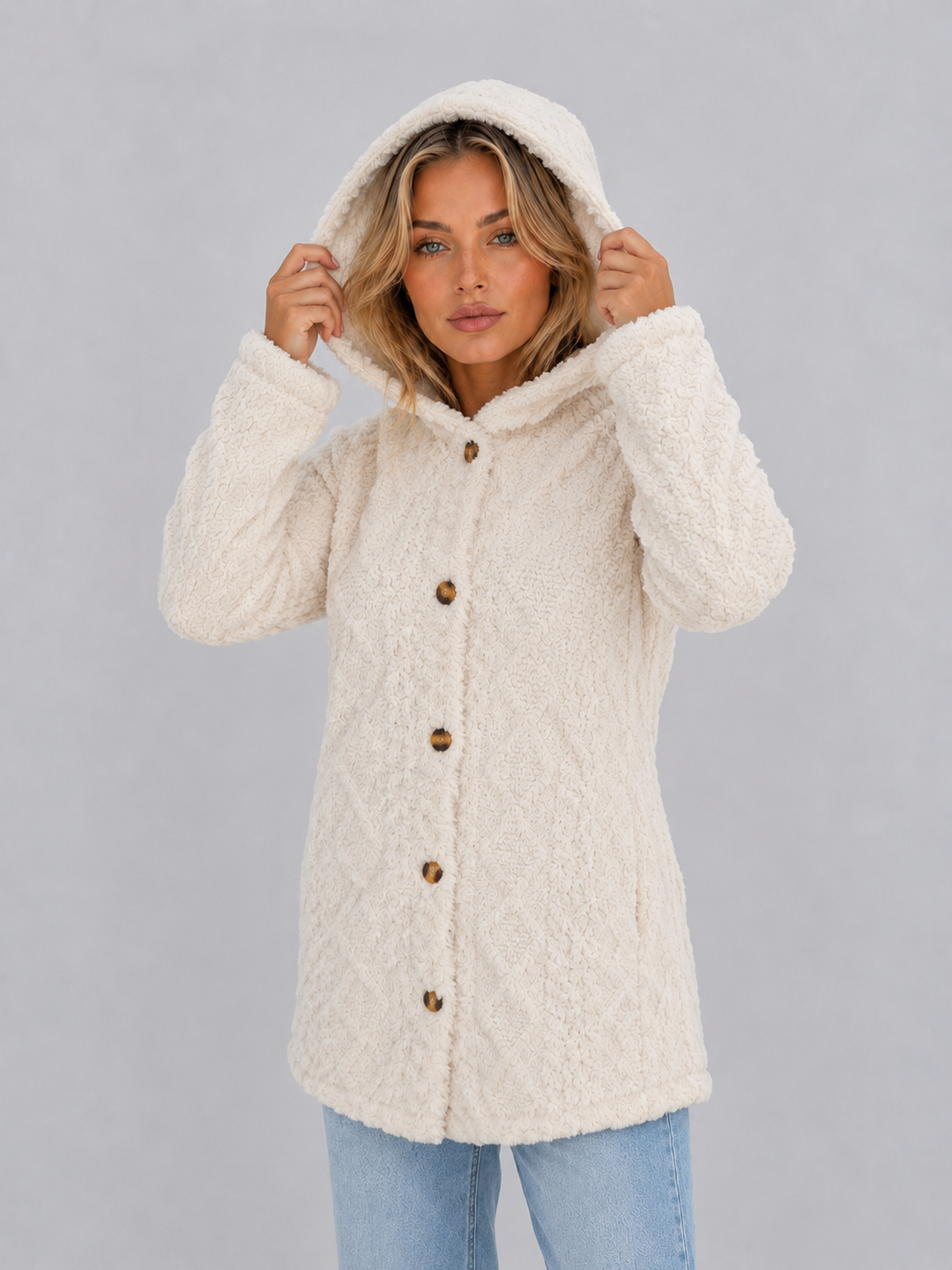 Women's Casual Plush Teddy Fleece Hooded Cardigan Jacket